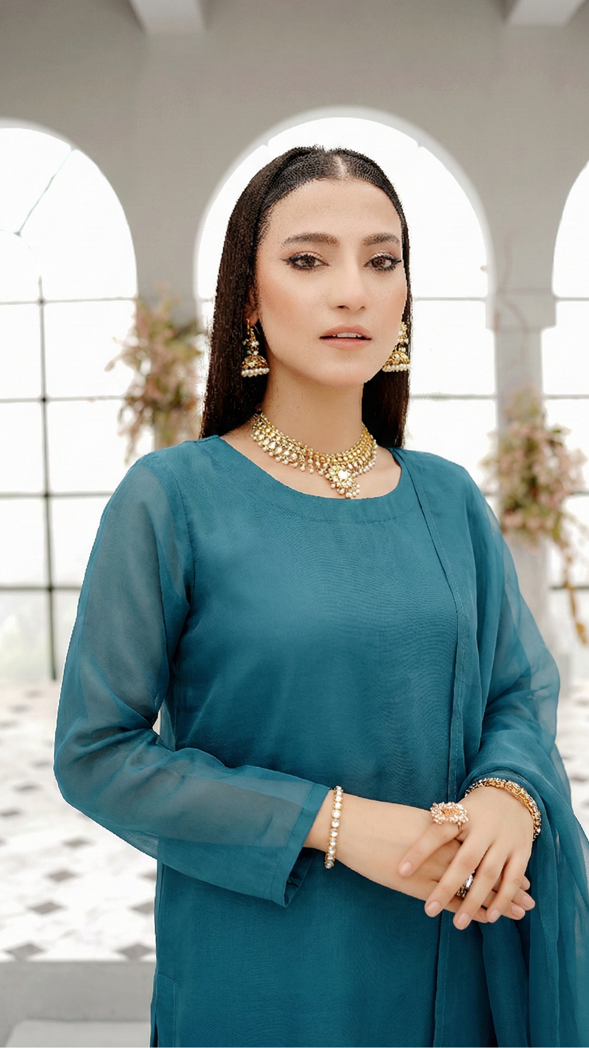 Teal Blue Organza 3-Piece Stitched Dress