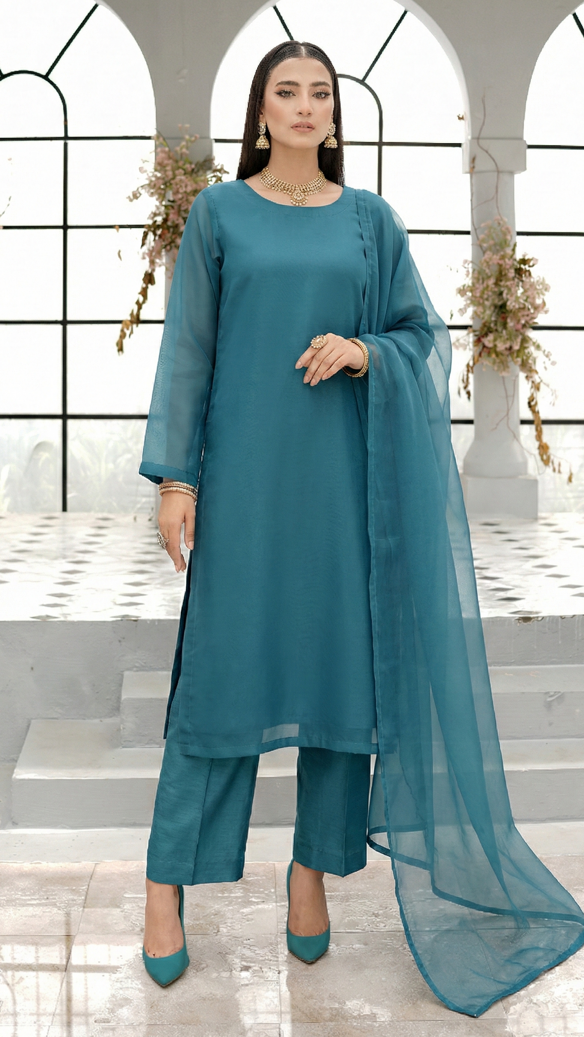 Teal Blue Organza 3-Piece Stitched Dress