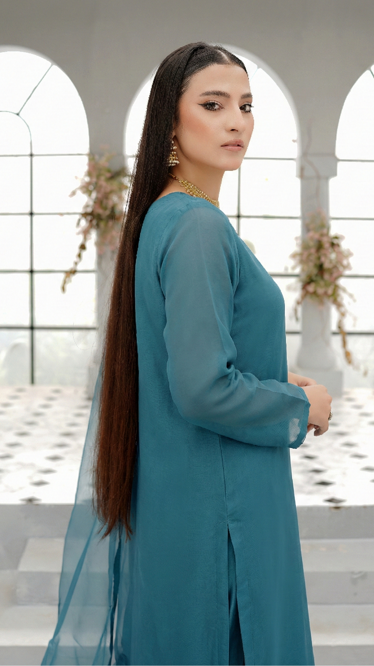 Teal Blue Organza 3-Piece Stitched Dress