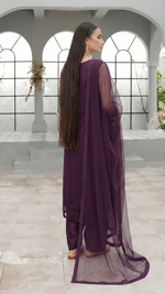 ROZAIB Eggplant luxury Bareeze net stitched suit for women. This premium ready to wear stitched dress features an architectural straight balance fit with 0.3mm micro-jali net texture and invisible frame construction. A minimalist 3-piece stitched suit in a deep violet-black eggplant tone, paired with raw silk loose shalwar and a matching Bareeze net dupatta. Designed for a rich, sophisticated evening look with zero embroidery.