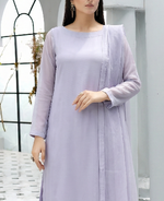 ROZAIB Ice Lilac luxury Bareeze net A-line stitched suit. This premium ready to wear stitched dress features a relaxed A-line fit, ultra-fine 0.3mm micro-mesh texture, and a clean boat neckline. A minimalist 3-piece stitched suit for women in a fresh icy lavender tone, paired with raw silk cigarette trousers and an airy Bareeze net dupatta. Designed for a calm, sophisticated festive look with zero embroidery and high-definition tailoring.