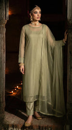 ROZAIB Olive Mist luxury Bareeze net long straight kurta stitched suit. This premium ready to wear stitched dress features unique structured cuff-stitch detailing, ultra-fine micro-mesh fabric, and master-tailored vertical seams. A minimalist 3-piece stitched suit for women in a muted earthy olive tone, paired with raw silk cigarette trousers and a lightweight Bareeze net dupatta. Designed for a calm and sophisticated festive look with zero embroidery.