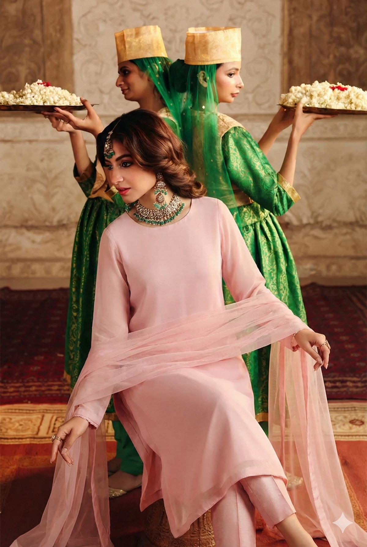 ROZAIB Pastel Pink minimal festive stitched suit in premium flowy chiffon fabric. This luxury ready to wear stitched dress features a straight relaxed flow fit with ultra-fine chiffon weave and a soft blush undertone. A minimalist 3-piece stitched suit for women designed for a fresh feminine look, paired with raw silk cigarette trousers and an airy Bareeze net dupatta. Perfect for spring-summer evening wear and formal events