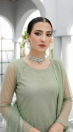 ROZAIB Sage Pista luxury Bareeze net long straight kurta stitched suit. This premium ready to wear stitched dress features a clean plain construction, ultra-fine 0.3mm micro-mesh net texture, and master-tailored vertical fall. A minimalist 3-piece stitched suit for women in a soft muted pistachio green tone, paired with raw silk cigarette trousers and an airy Bareeze net dupatta. Designed for a fresh, sophisticated festive look with zero embroidery and precision stitching.