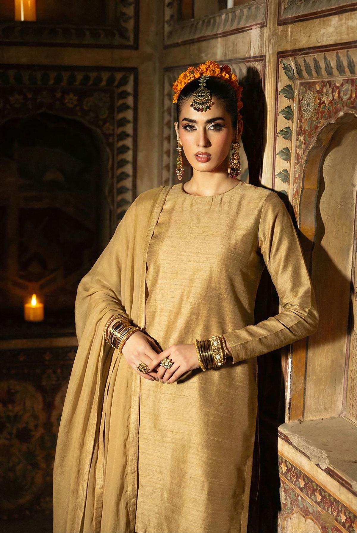ROZAIB Antique Gold executive stitched suit in premium raw silk. This luxury ready to wear stitched dress features a straight tailored fit with authentic silk grain texture and master-tailored seams. A minimalist 3-piece stitched suit for women designed for a sophisticated heritage look, paired with raw silk cigarette pants and a fluid chiffon dupatta. Perfect for executive formal events and festive gatherings.