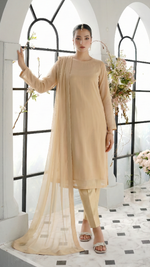 ROZAIB Biscuit Nude luxury Bareeze net long straight shirt stitched suit. This premium ready to wear stitched dress features ultra-fine 0.3mm micro-jali net texture, master-tailored straight seams, and a clean round neckline. A minimalist 3-piece stitched suit for women in a warm neutral beige tone, paired with raw silk cigarette trousers and an airy Bareeze net dupatta. Designed for a clean, sophisticated festive look with zero embroidery and precision stitching.