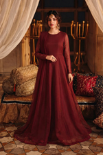 ROZAIB Deep Maroon luxury organza long frock stitched suit. This premium ready to wear stitched dress features a sophisticated light flare silhouette with 6-panel construction and sheer organza sleeves. A minimalist 3-piece stitched suit for women in a rich wine-red tone, paired with raw silk cigarette trousers and a lightweight Bareeze net dupatta. Designed for high-end festive evening wear with master-tailored pressed seams.