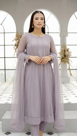 ROZAIB Lavender Grey luxury Bareeze net soft panel stitched suit. This premium ready to wear stitched dress features a 6-panel long frock silhouette with ultra-fine 0.3mm micro-mesh texture and master-tailored vertical panel lines. A minimalist 3-piece stitched suit for women in a cool muted lilac-grey tone, paired with raw silk cigarette trousers and an airy Bareeze net dupatta. Designed for a calm, sophisticated festive look with zero embroidery and precision stitching.