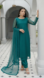 ROZAIB Peacock Green luxury Bareeze net stitched suit. This premium ready to wear stitched dress features Optical Spine Architecture for a perfect vertical fall, 0.3mm micro-jali net texture, and master-tailored straight silhouette. A minimalist 3-piece stitched suit for women in a rich jewel tone, paired with raw silk loose shalwar and a matching Bareeze net dupatta. Designed for a high-end festive-formal look with zero embroidery.