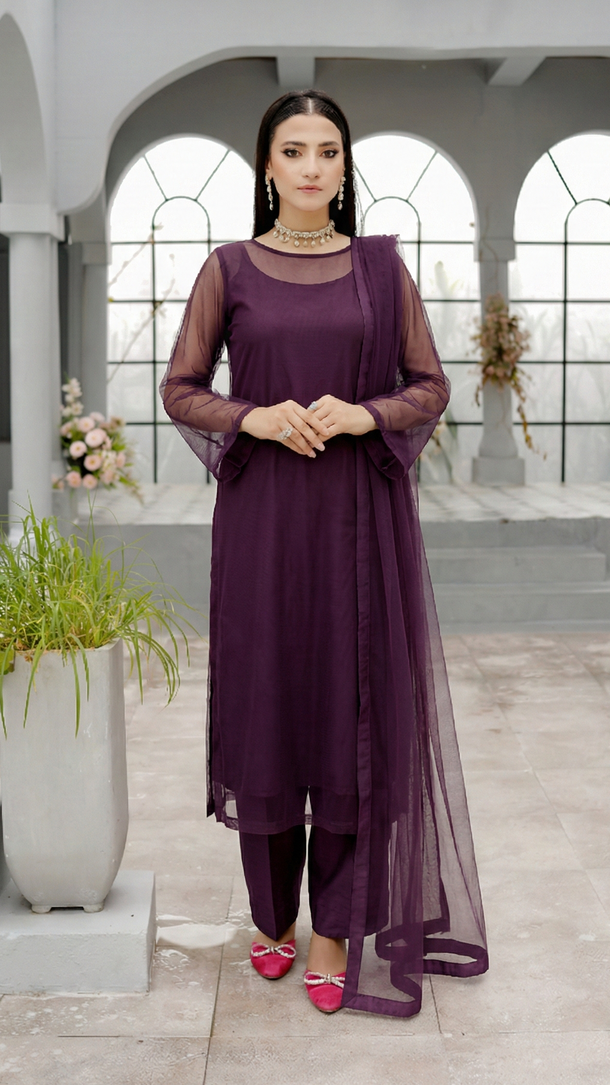 ROZAIB Eggplant luxury Bareeze net stitched suit for women. This premium ready to wear stitched dress features an architectural straight balance fit with 0.3mm micro-jali net texture and invisible frame construction. A minimalist 3-piece stitched suit in a deep violet-black eggplant tone, paired with raw silk loose shalwar and a matching Bareeze net dupatta. Designed for a rich, sophisticated evening look with zero embroidery.
