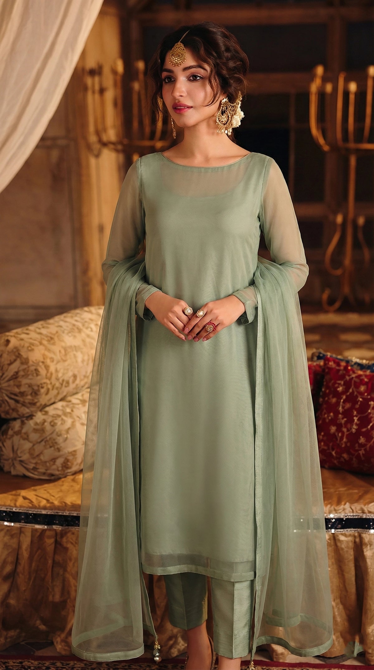 Rozaib Muted Sage Green Straight Long Shirt – 3 Piece Set