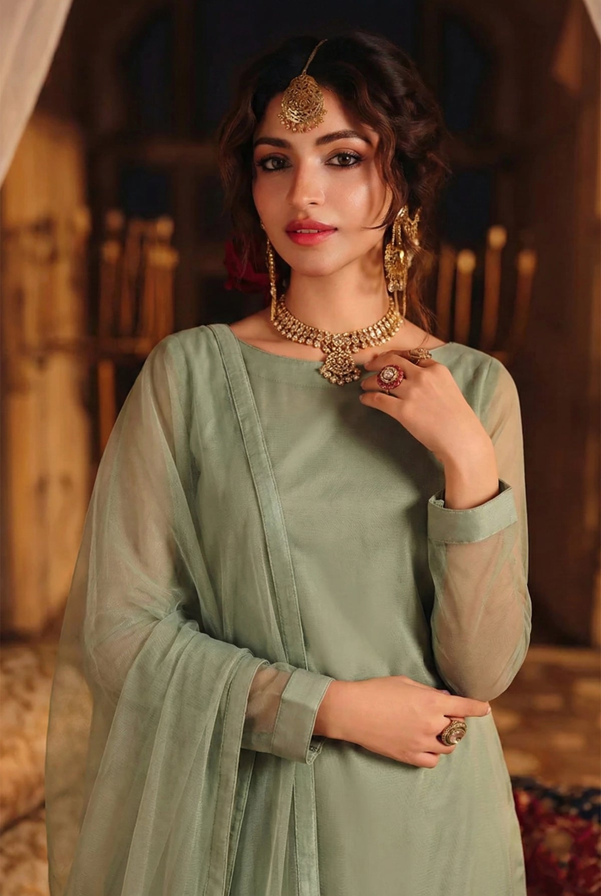 Rozaib Muted Sage Green Straight Long Shirt – 3 Piece Set