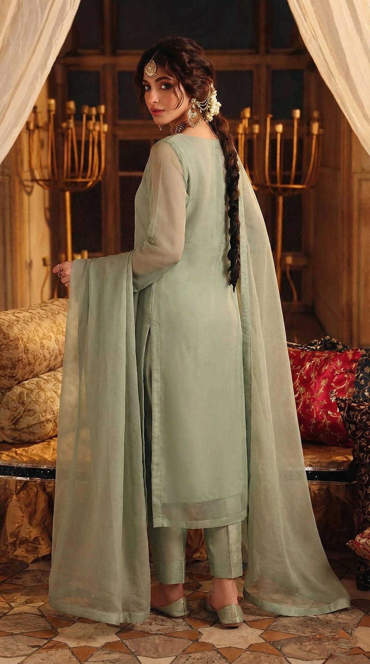 Rozaib Muted Sage Green Straight Long Shirt – 3 Piece Set