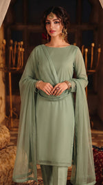 Rozaib Muted Sage Green Straight Long Shirt – 3 Piece Set