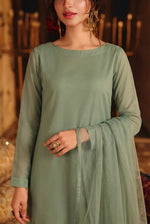 Rozaib Muted Sage Green Straight Long Shirt – 3 Piece Set