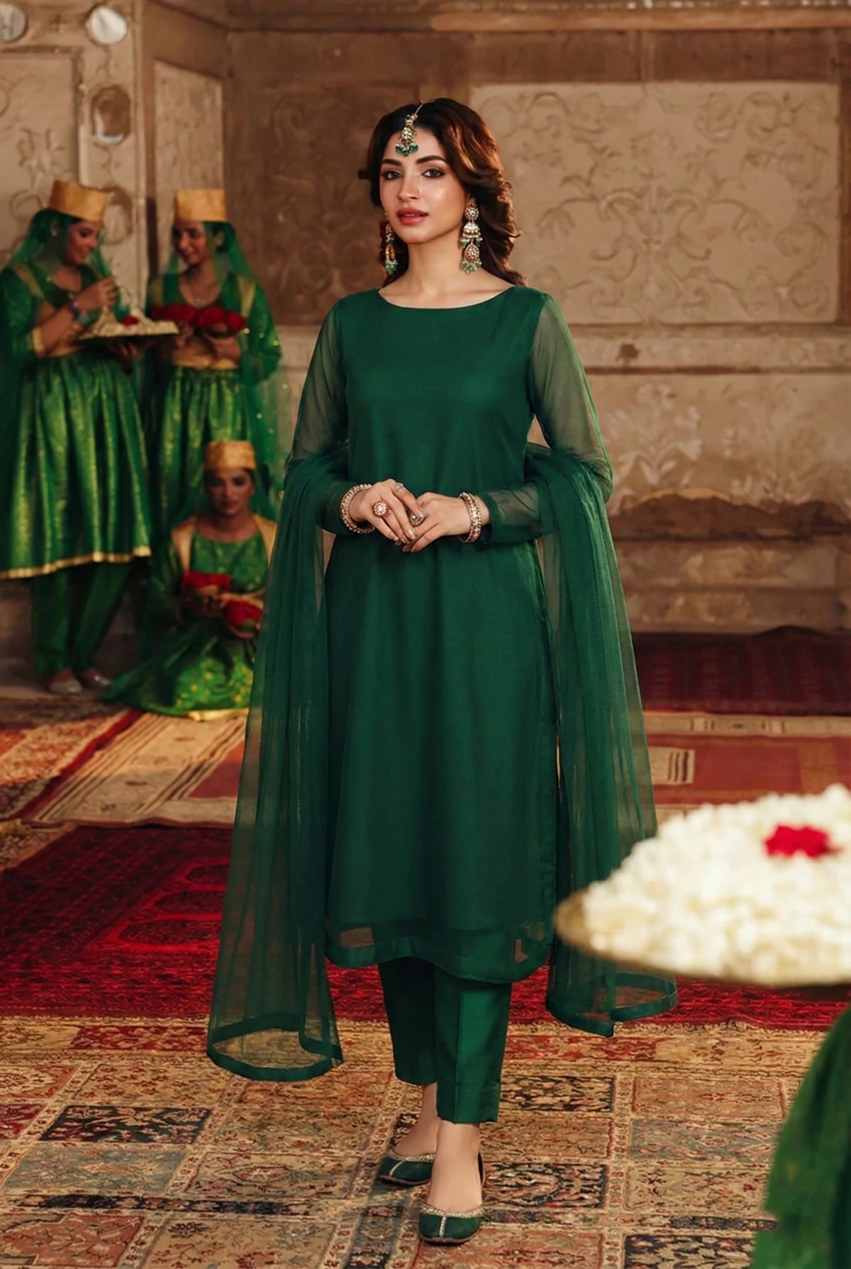 Rozaib Bottle Green A-Line Kurta – 3 Piece Set