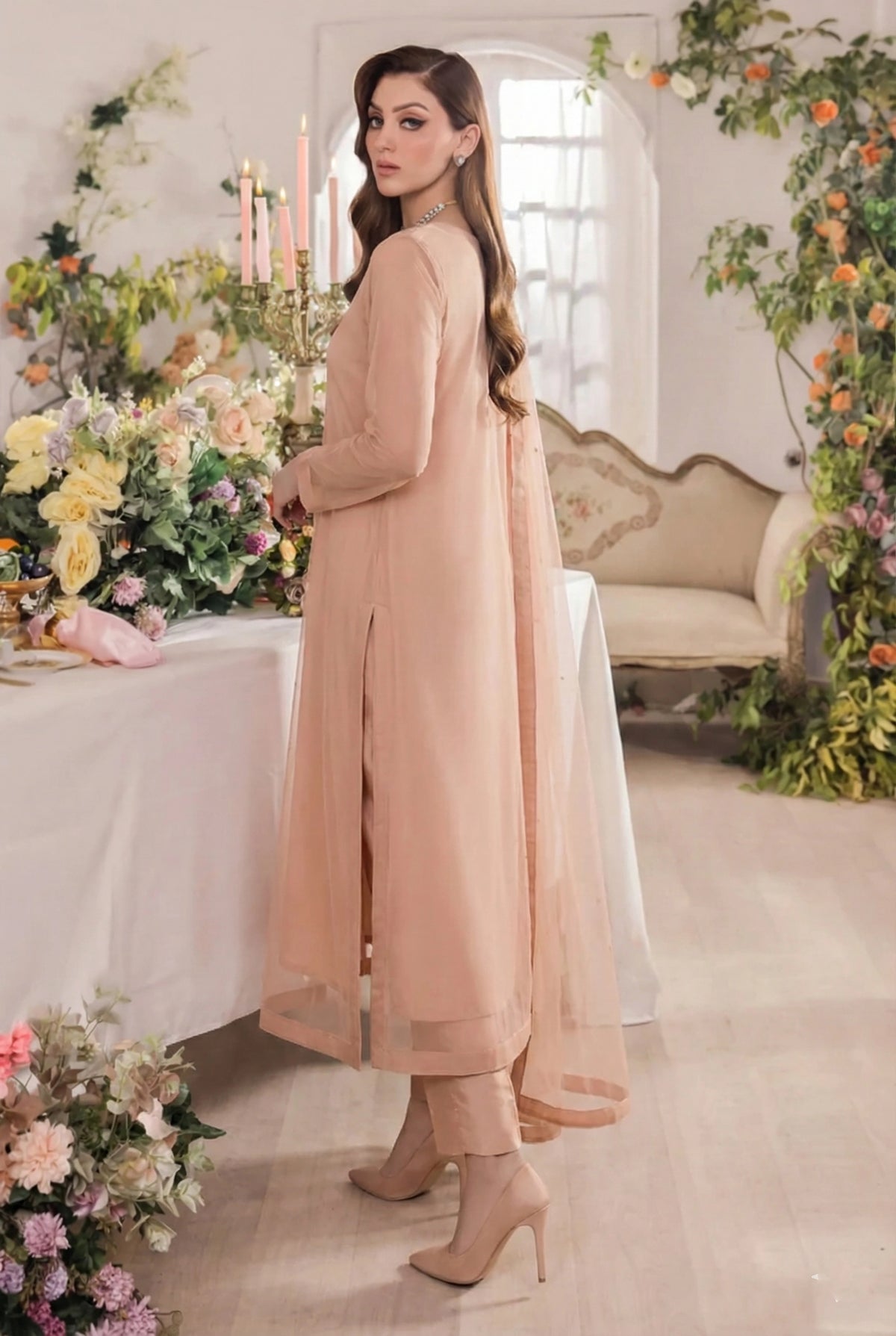 Rozaib Nude Peach A-Line Net Kurta – 3 Piece Set