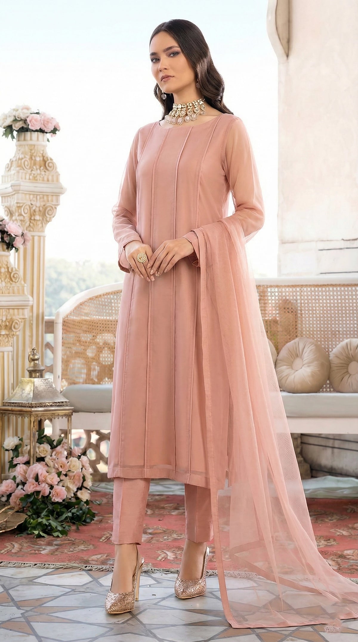 Rozaib Rose Peach Panel Net Kurta – Seam Piping Edition (3 Piece)
