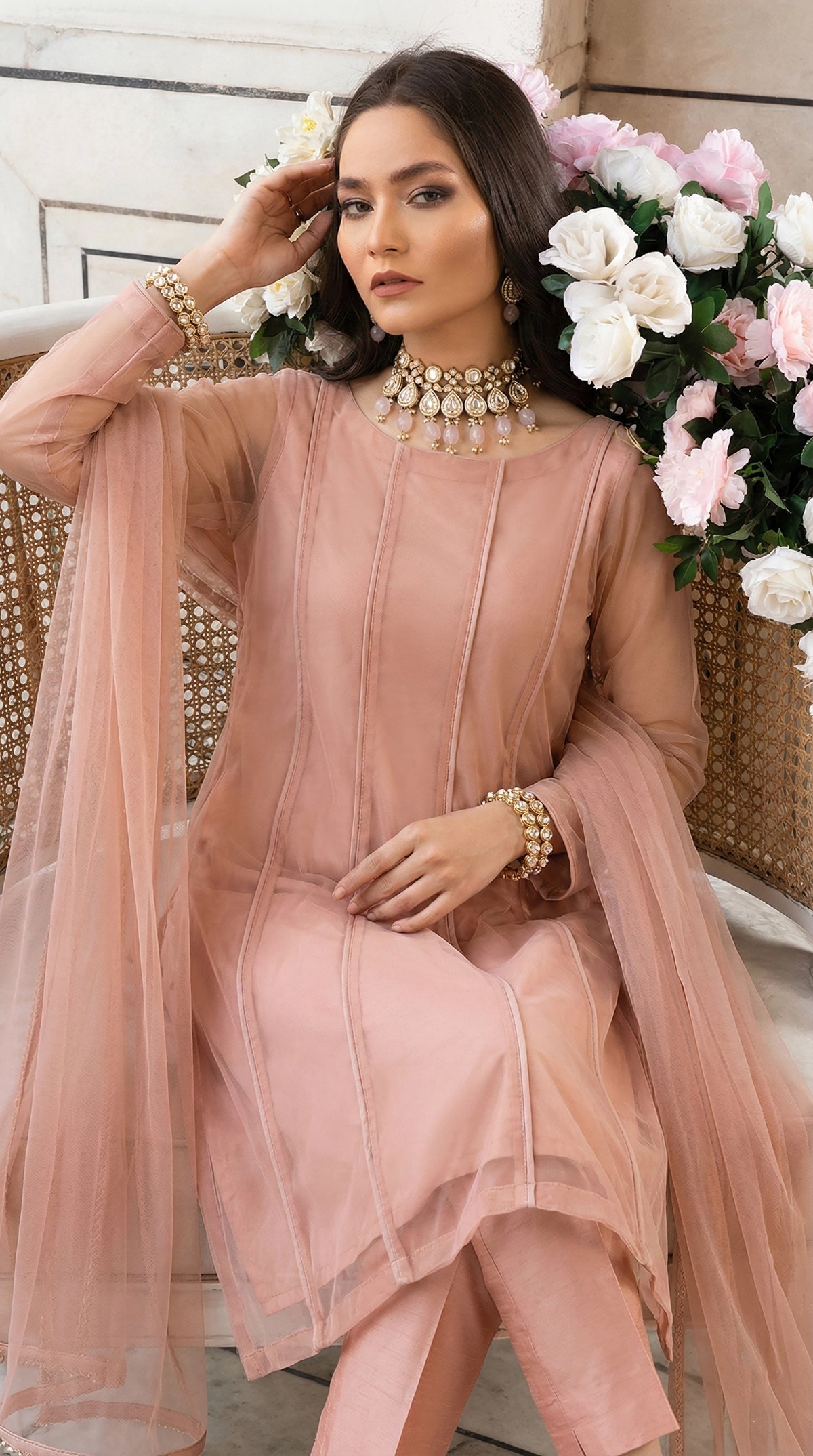 Rozaib Rose Peach Panel Net Kurta – Seam Piping Edition (3 Piece)