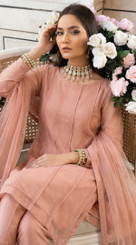 Rozaib Rose Peach Panel Net Kurta – Seam Piping Edition (3 Piece)