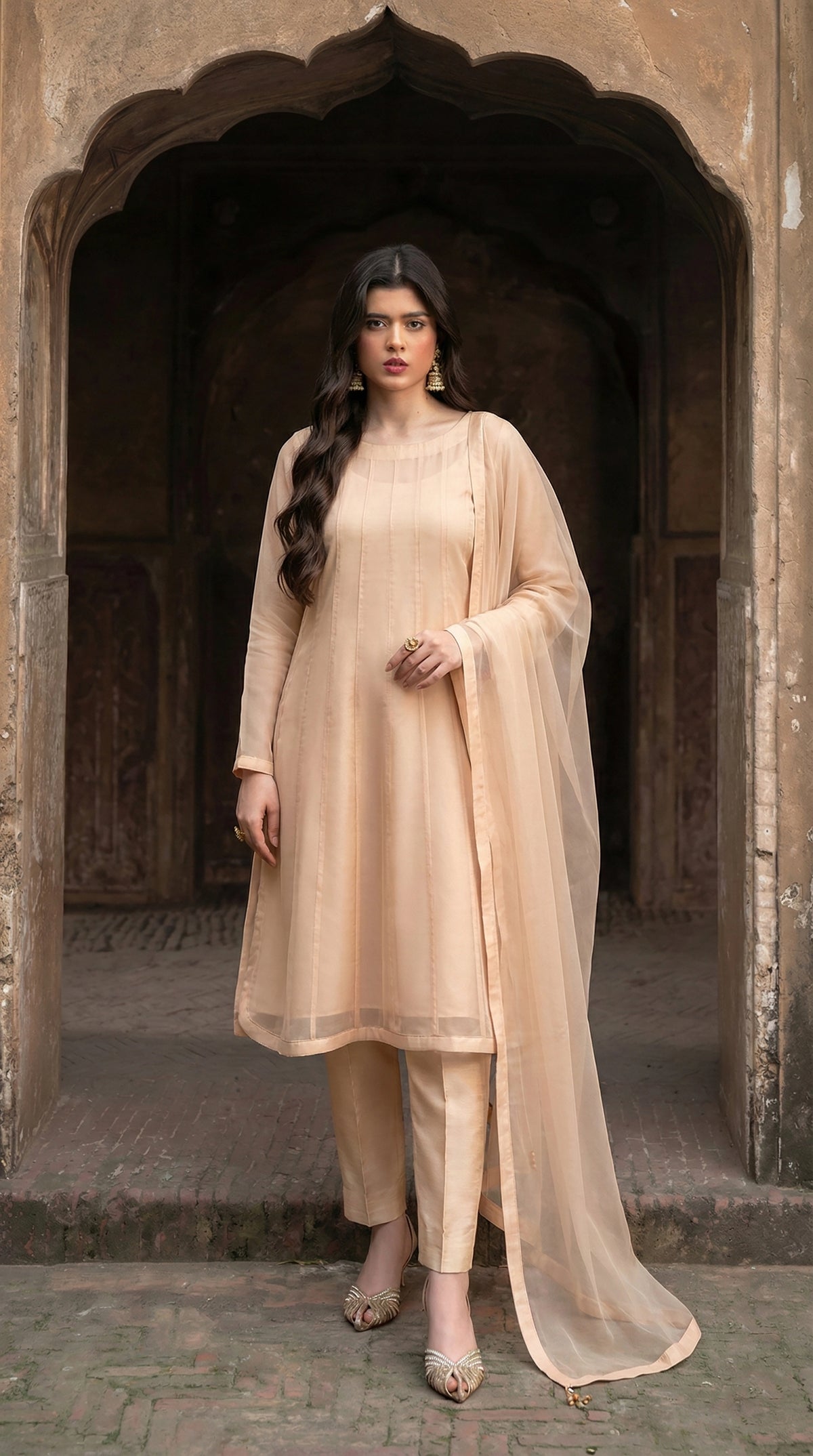 Rozaib Champagne Peach Minimal Kalidaar – 3 Piece Set