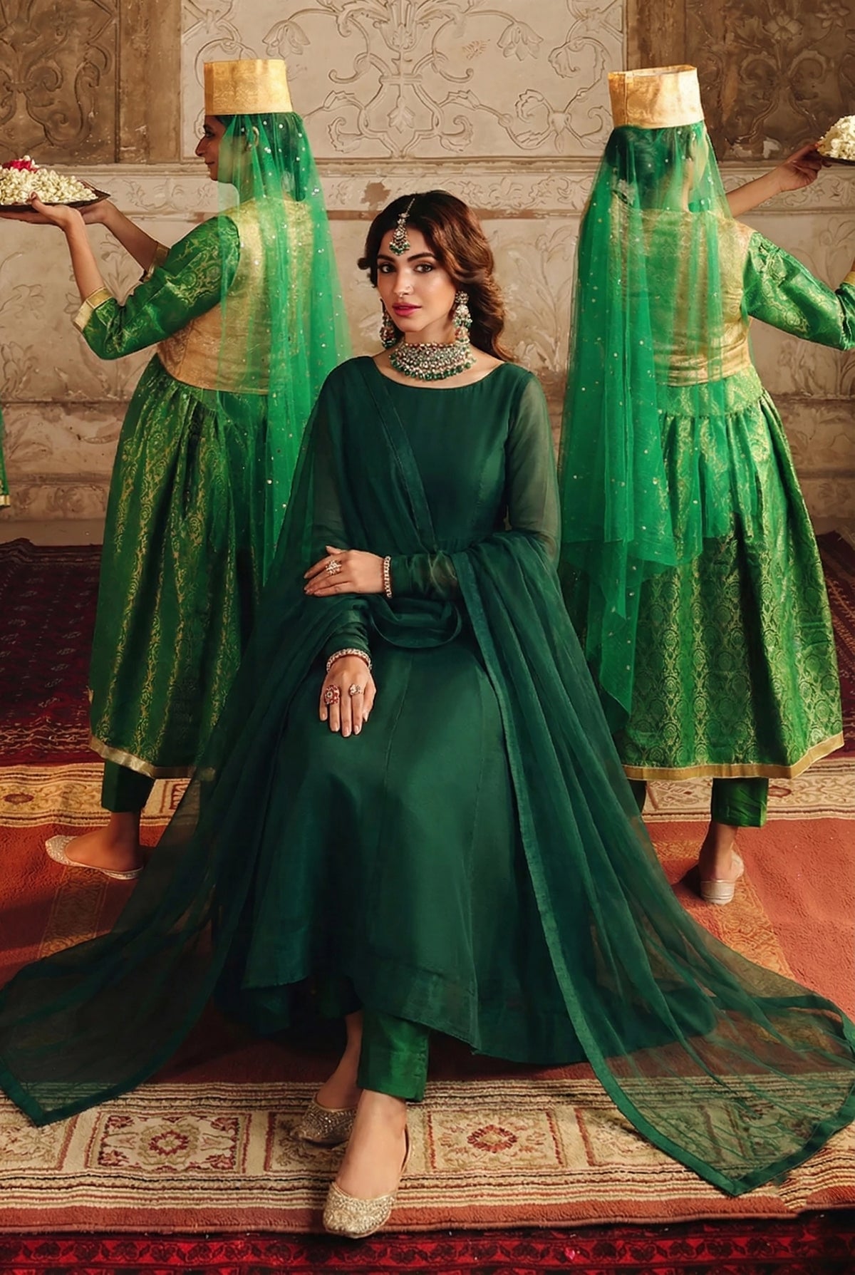 Rozaib Bottle Green A-Line Kurta – 3 Piece Set