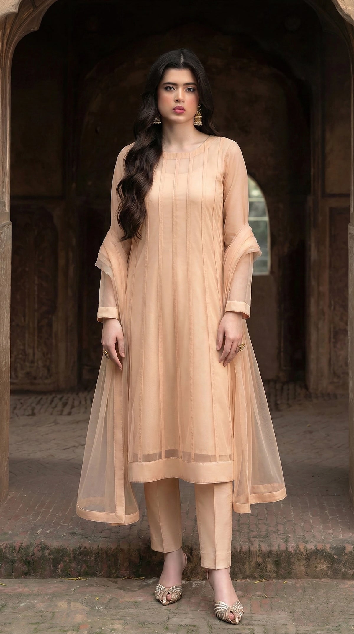 Rozaib Champagne Peach Minimal Kalidaar – 3 Piece Set