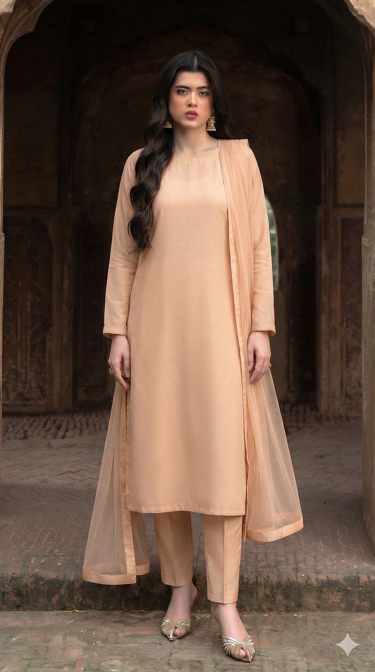Rozaib Champagne Peach Minimal Kalidaar – 3 Piece Set