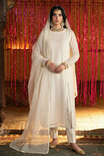 Rozaib Ivory White High-Slit Net Kurta – 3 Piece Set