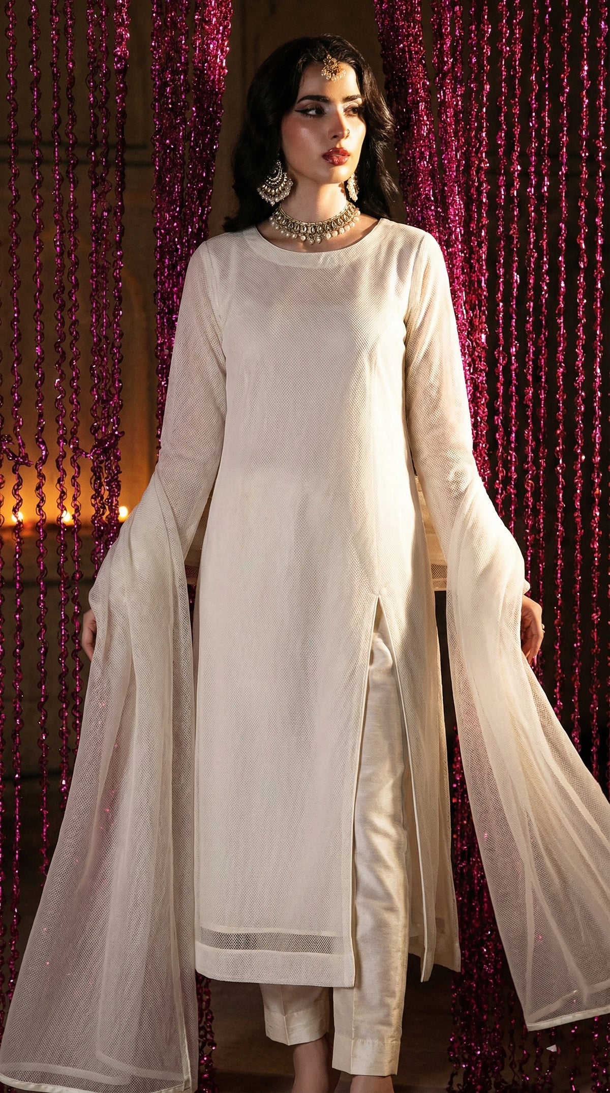 Rozaib Ivory White High-Slit Net Kurta – 3 Piece Set