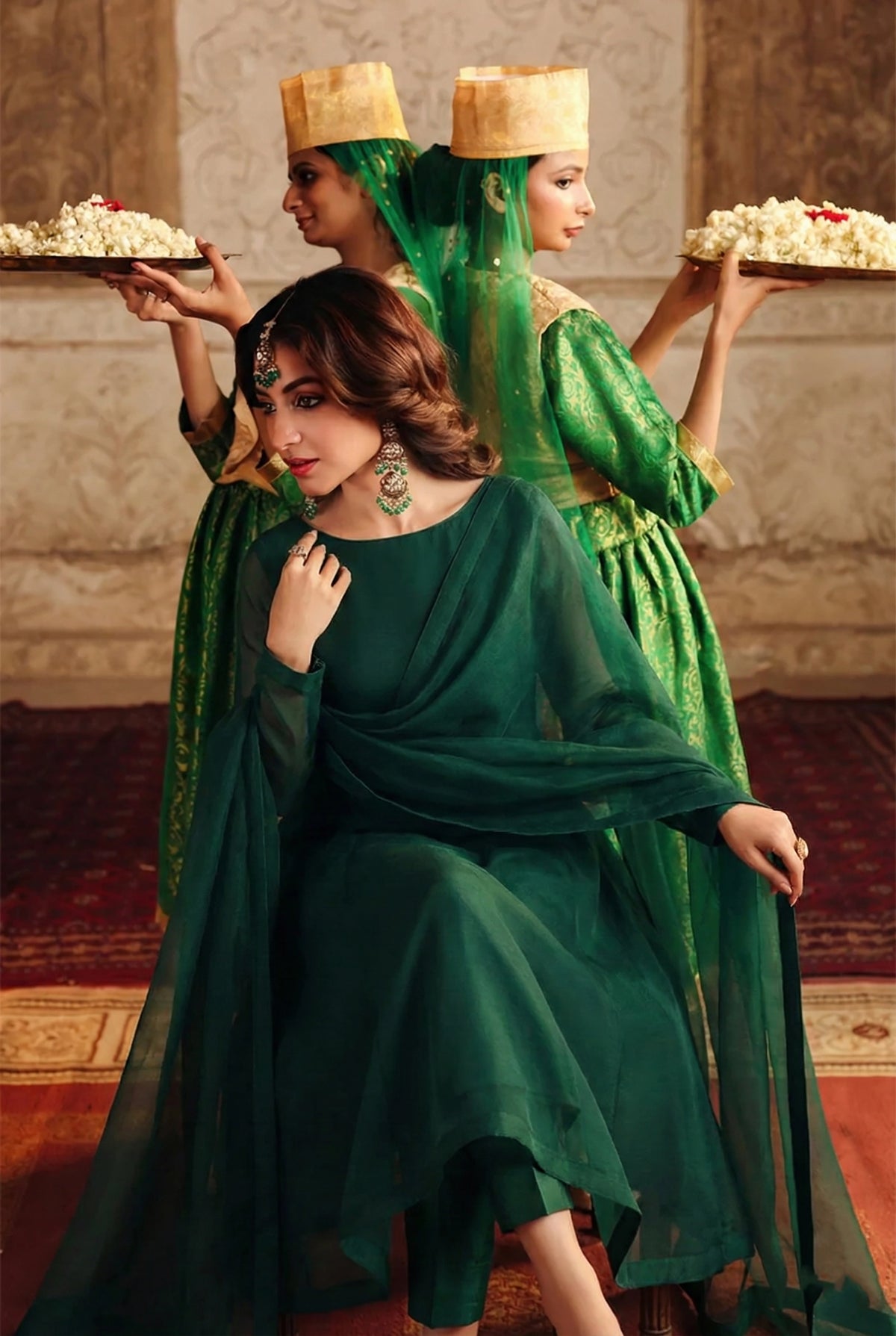 Rozaib Bottle Green A-Line Kurta – 3 Piece Set