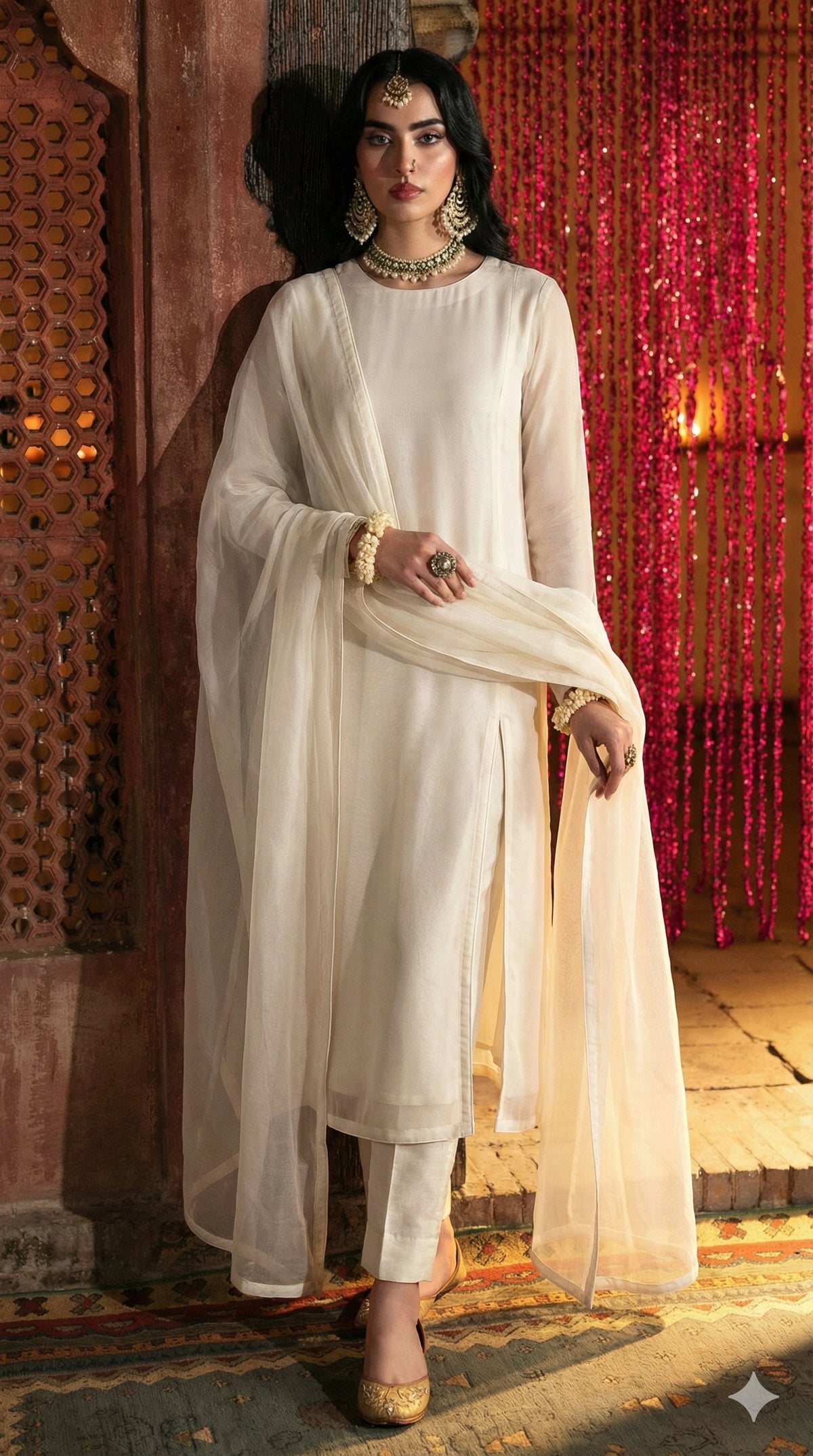 Rozaib Ivory White High-Slit Net Kurta – 3 Piece Set