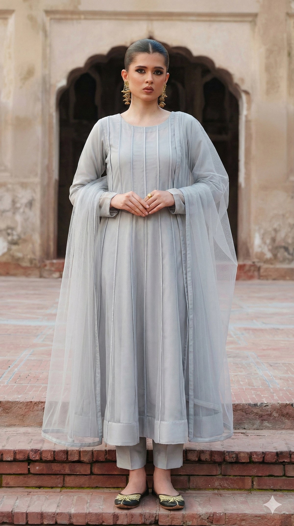 Rozaib Moonlight Silver Maxi Pishwas – Panel Piping Edition (3 Piece)