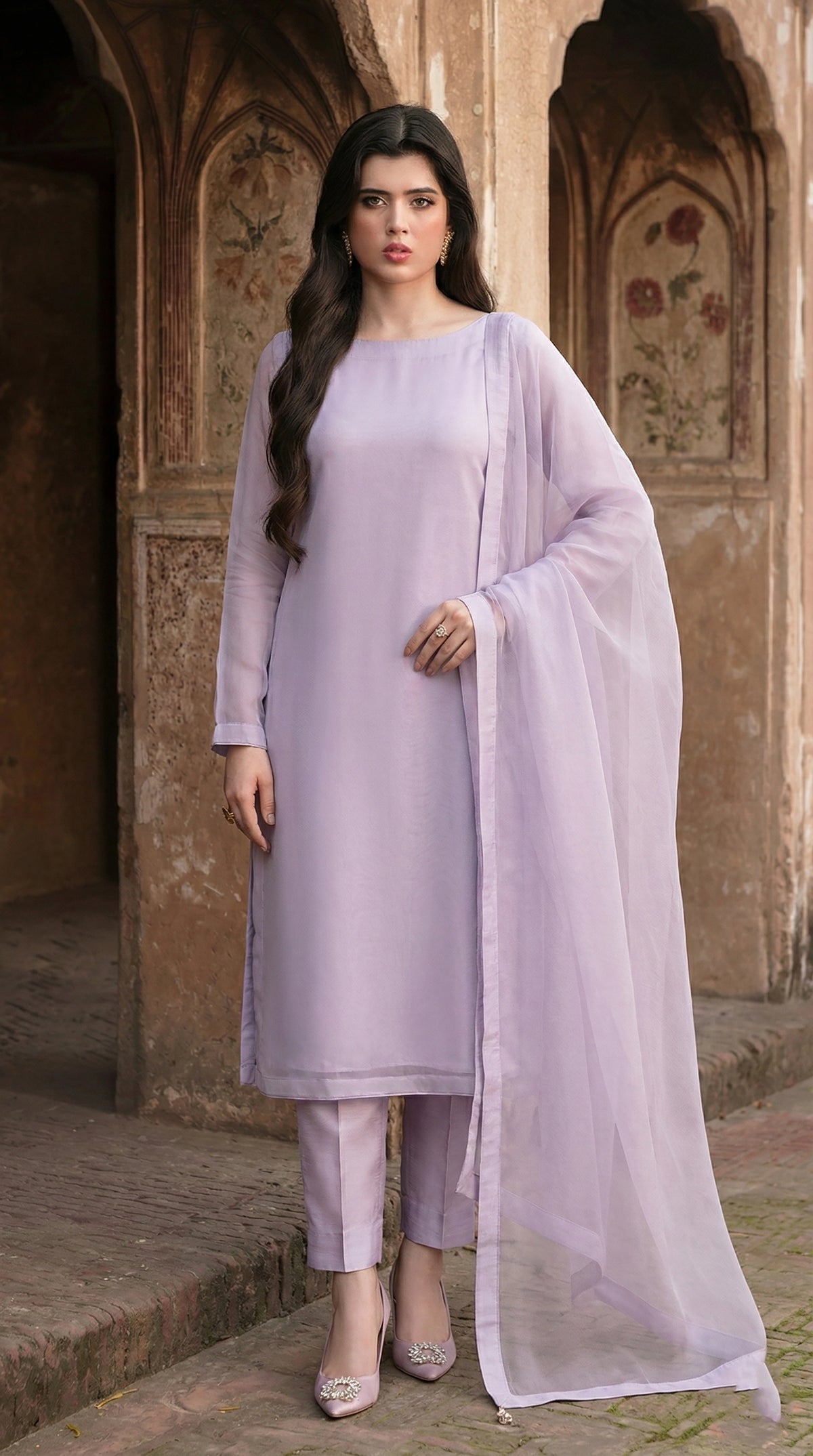 Rozaib Soft Lilac Straight Net Shirt – 3 Piece Set