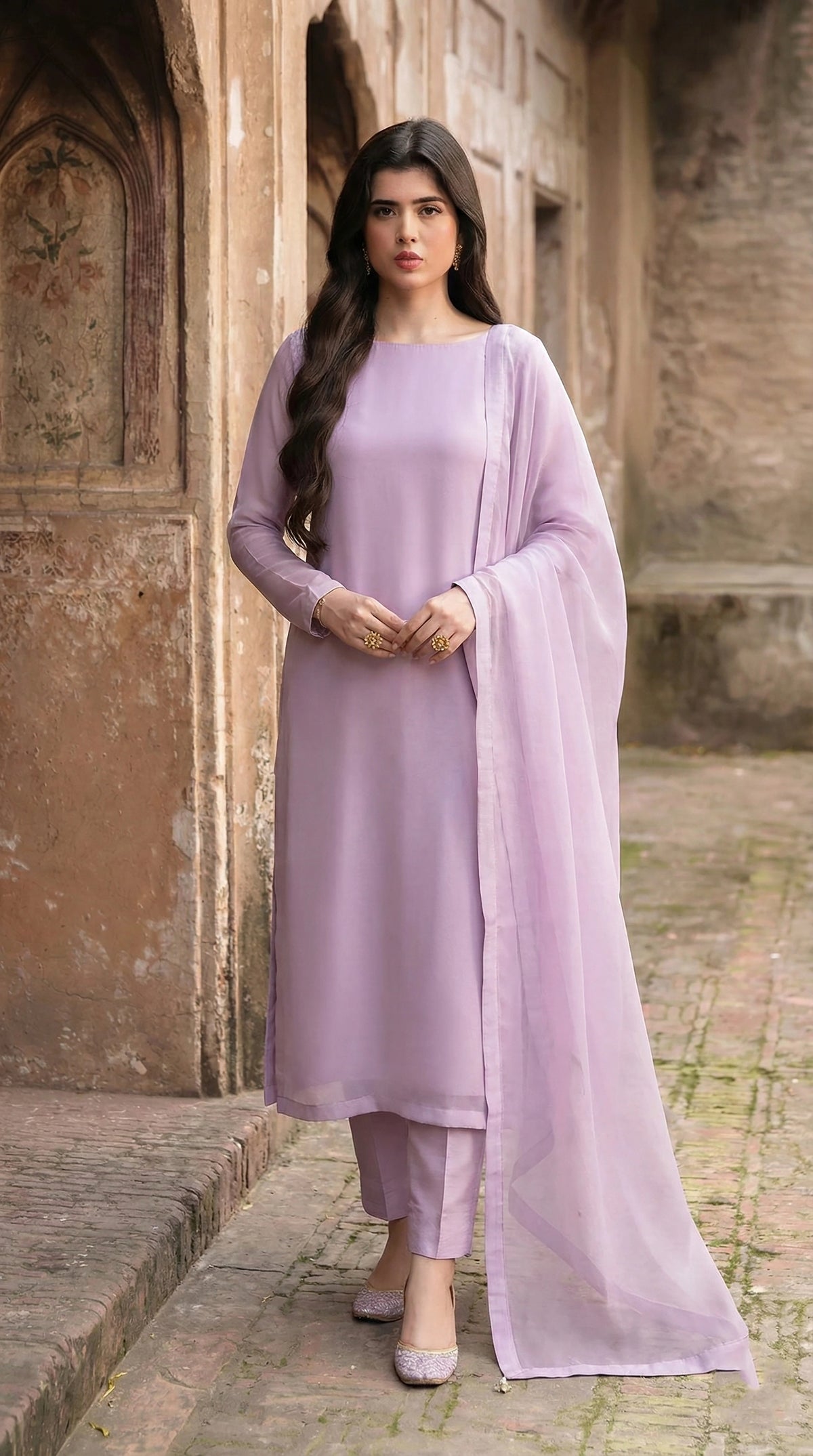 Rozaib Soft Lilac Straight Net Shirt – 3 Piece Set