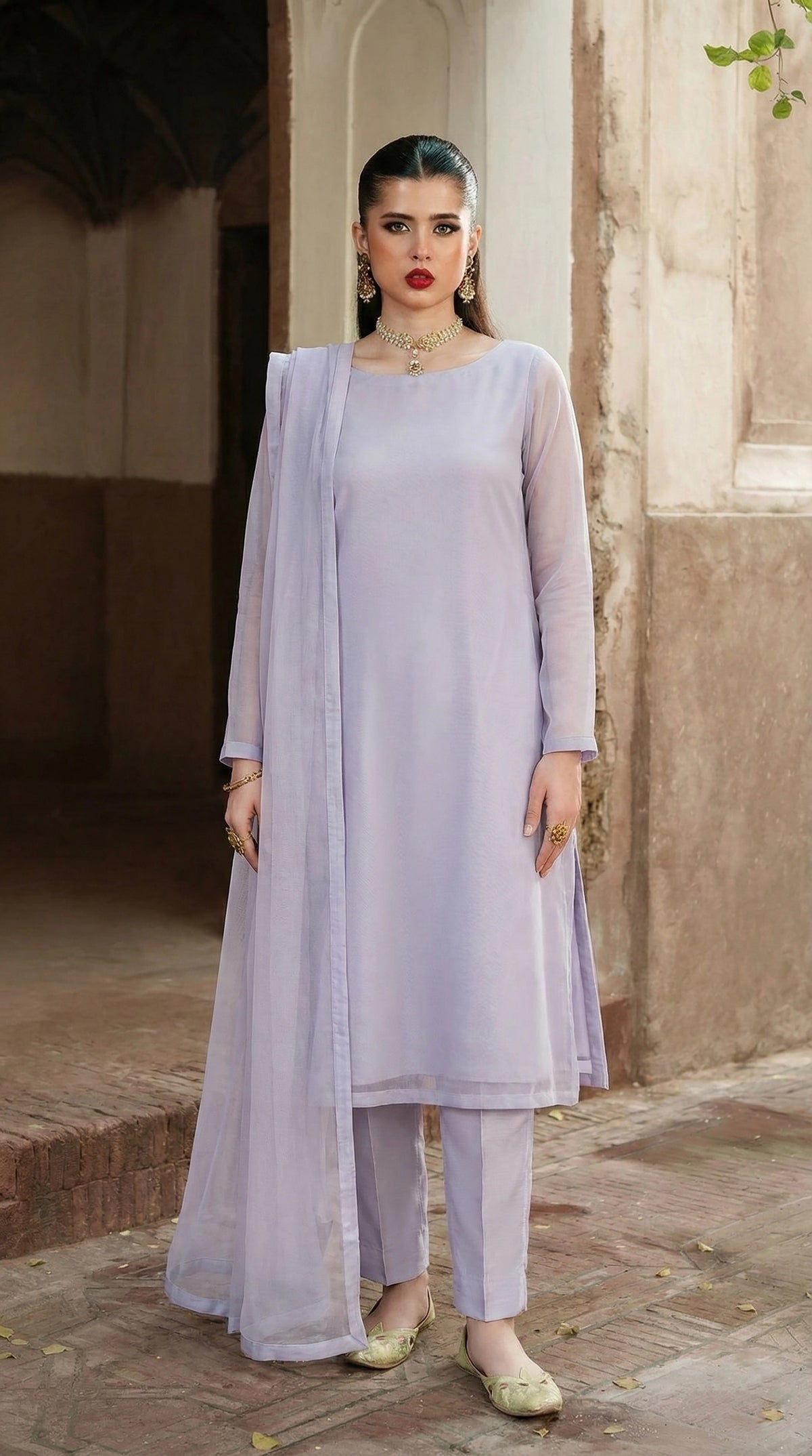 Rozaib Ice Lilac A-Line Net Kurta – 3 Piece Set