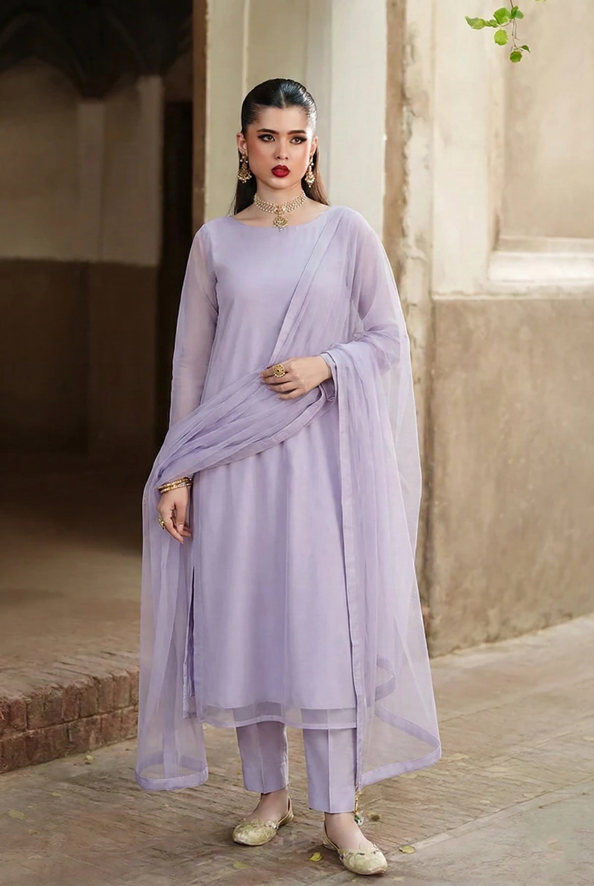 Rozaib Ice Lilac A-Line Net Kurta – 3 Piece Set