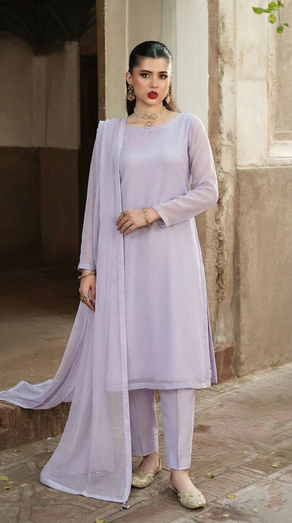 Rozaib Ice Lilac A-Line Net Kurta – 3 Piece Set