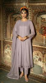 Lavender Grey Soft Panel Bareeze Net Long Frock Set