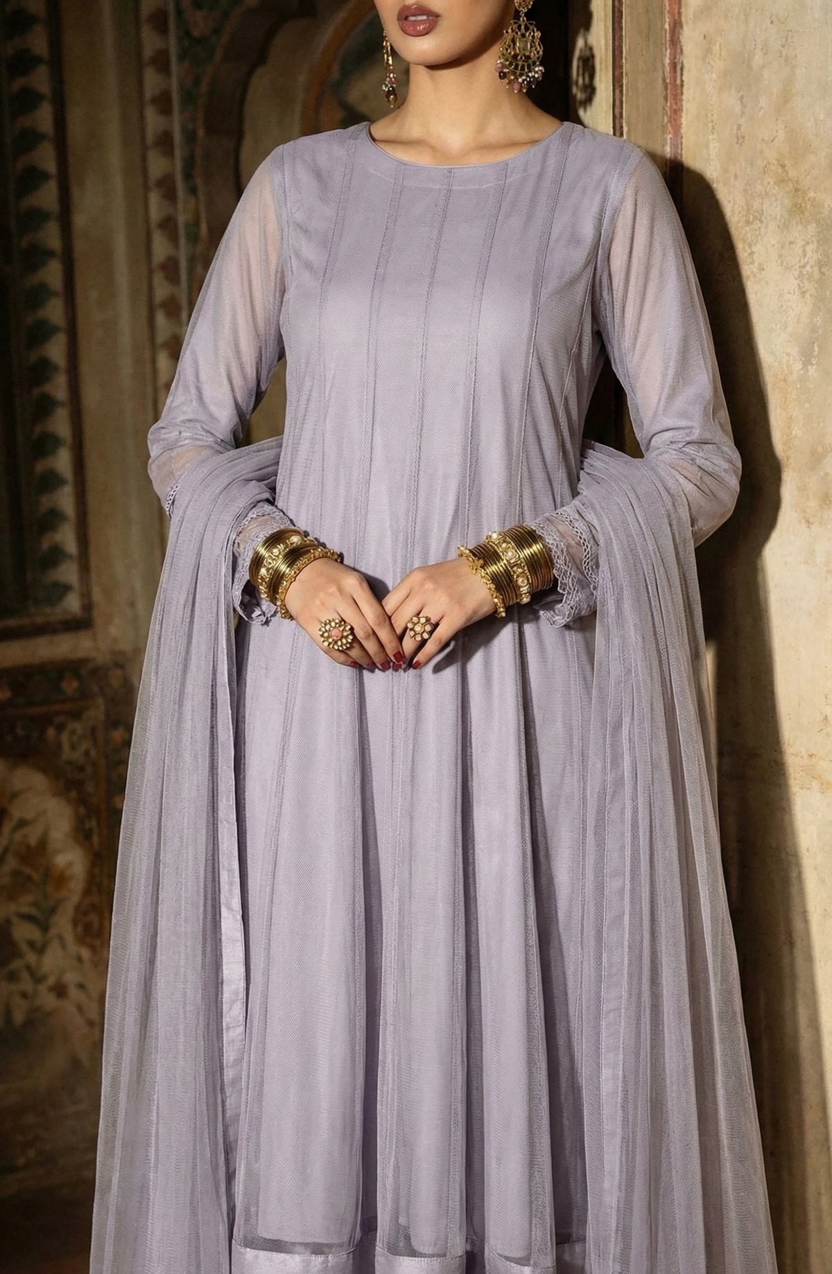 Lavender Grey Soft Panel Bareeze Net Long Frock Set