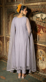 Lavender Grey Soft Panel Bareeze Net Long Frock Set