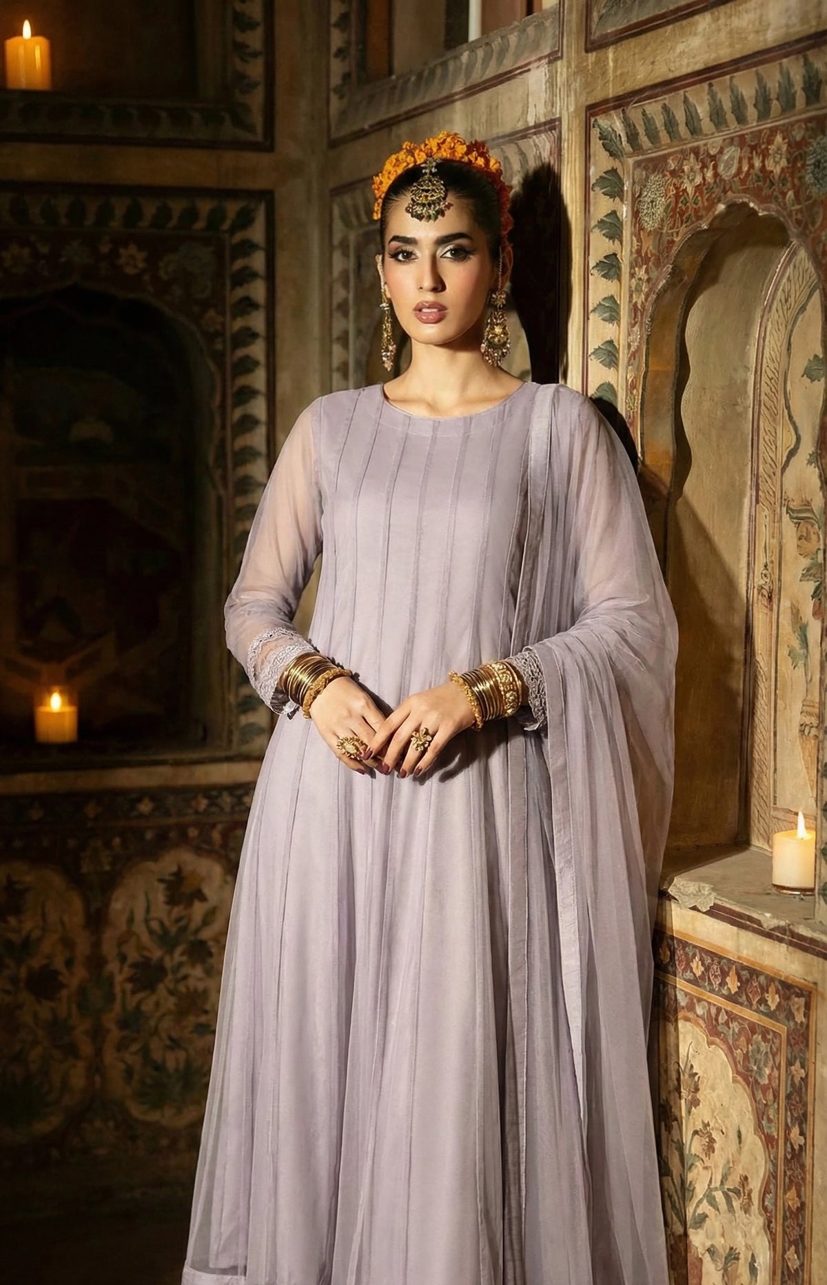 Lavender Grey Soft Panel Bareeze Net Long Frock Set