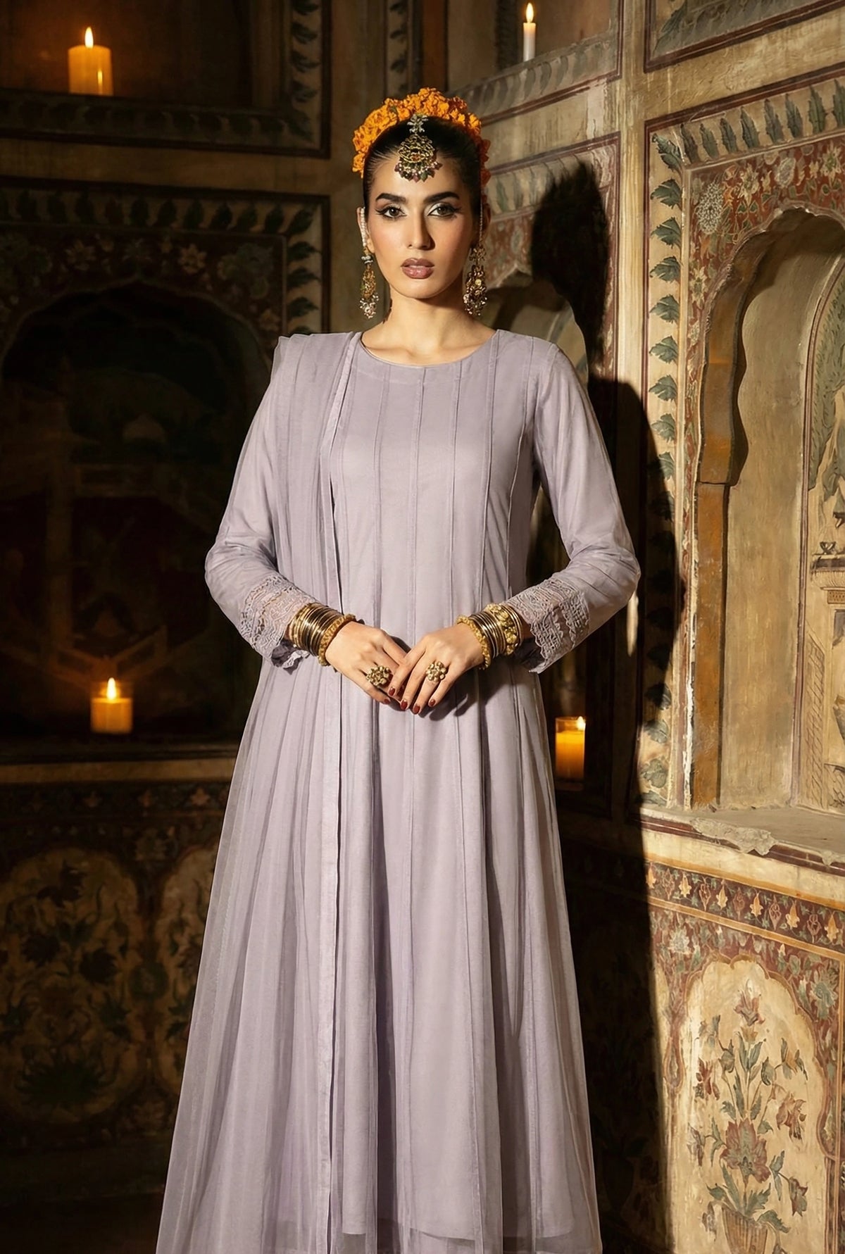 Lavender Grey Soft Panel Bareeze Net Long Frock Set