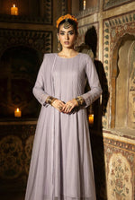 Lavender Grey Soft Panel Bareeze Net Long Frock Set