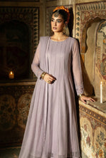 Lavender Grey Soft Panel Bareeze Net Long Frock Set
