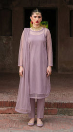 Dusty Lilac Round Hem Bareeze Net Long Shirt Set