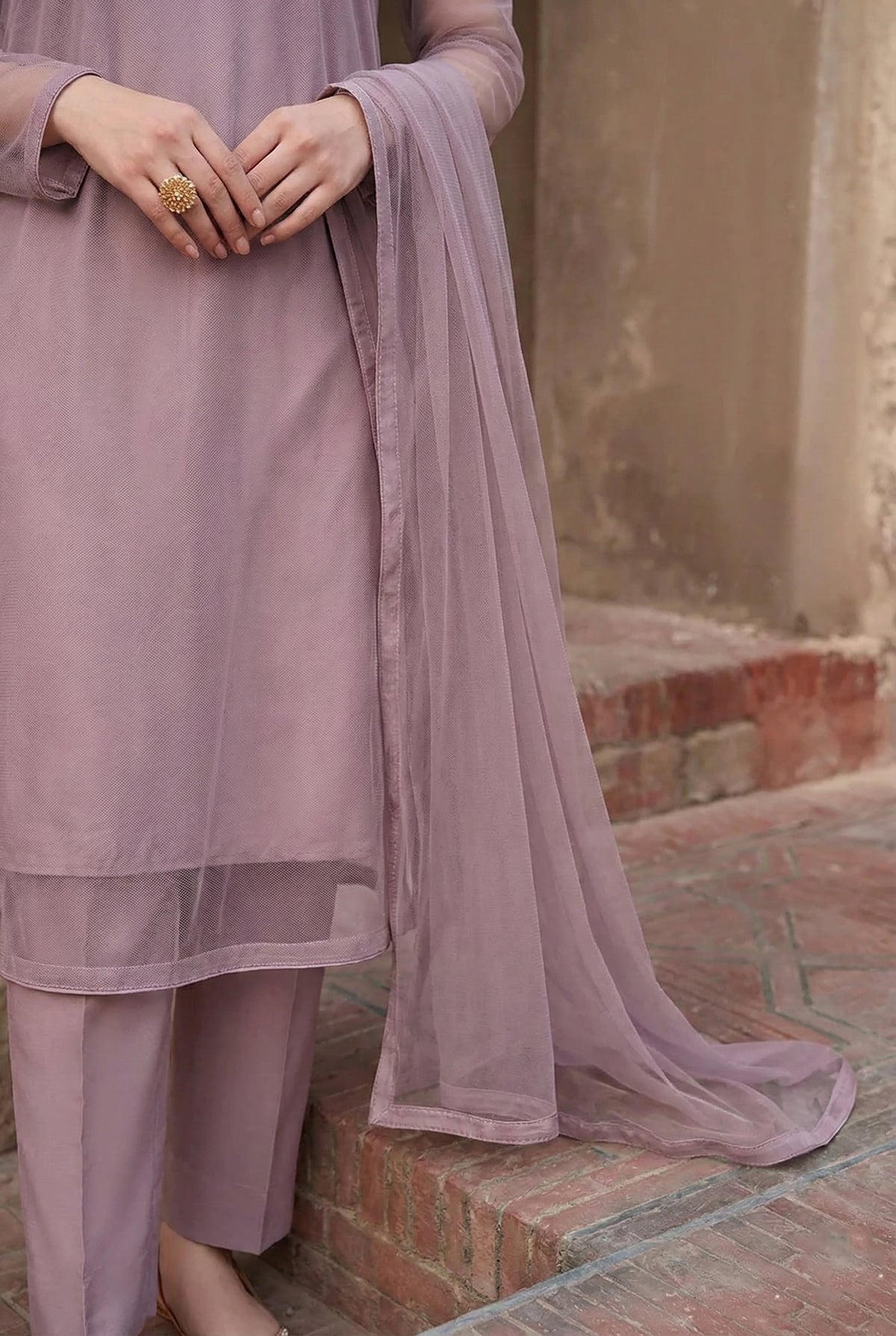 Dusty Lilac Round Hem Bareeze Net Long Shirt Set