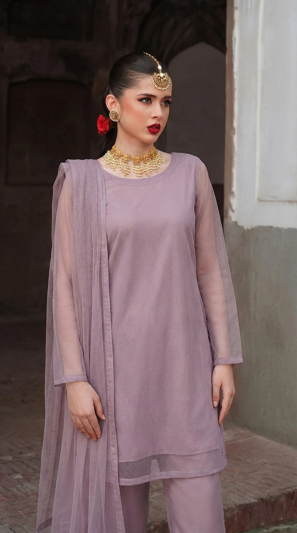 Dusty Lilac Round Hem Bareeze Net Long Shirt Set