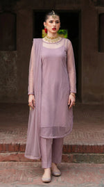 Dusty Lilac Round Hem Bareeze Net Long Shirt Set