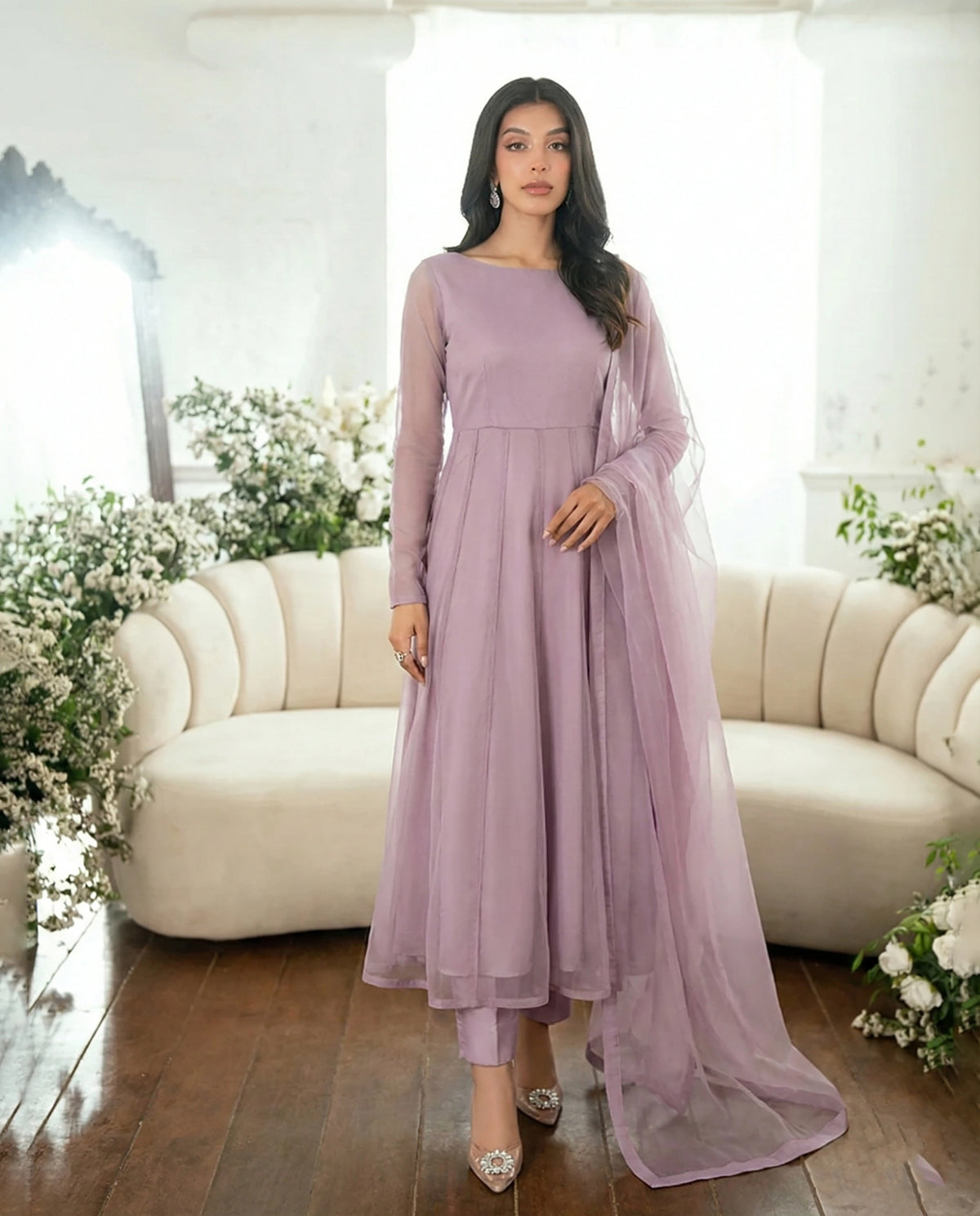 Mauve Lilac Minimal Kalidaar Bareeze Net Frock Set